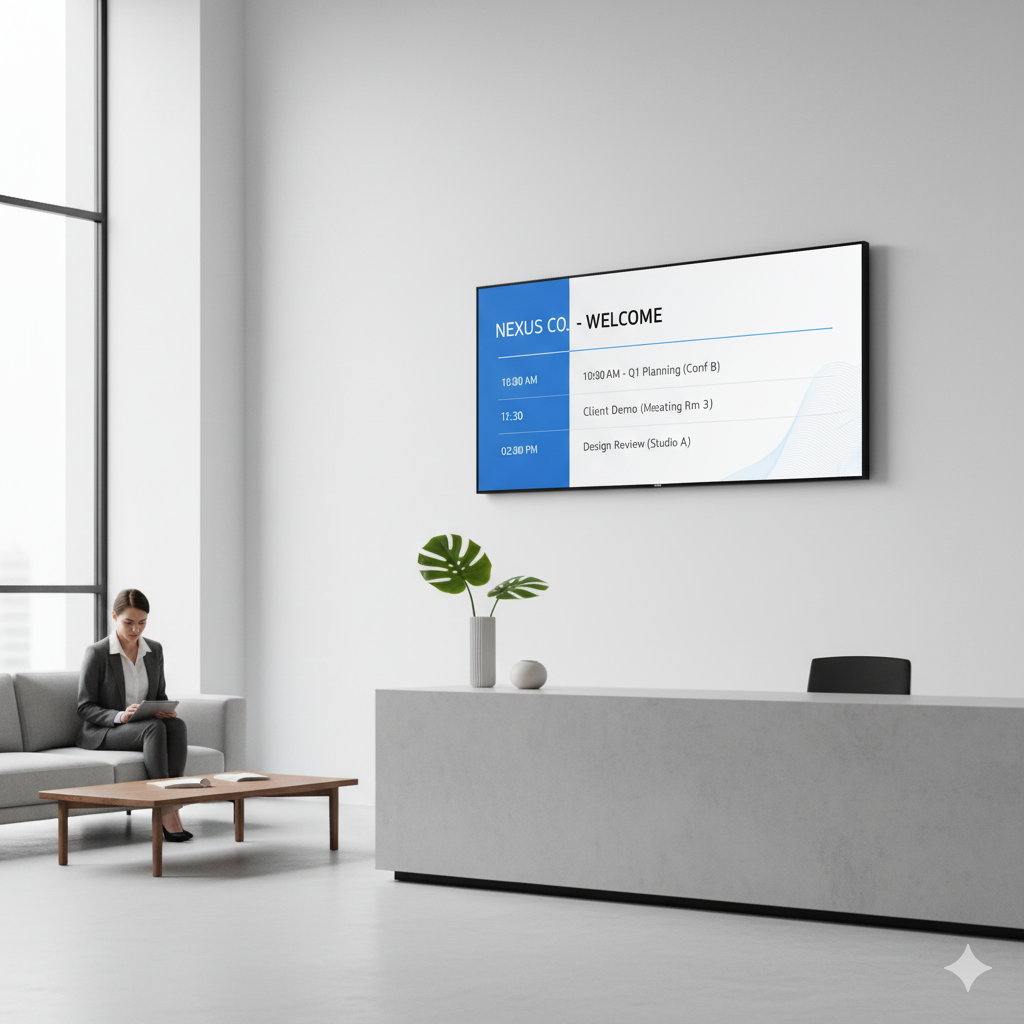 Pantalla de bienvenida en recepción de oficina