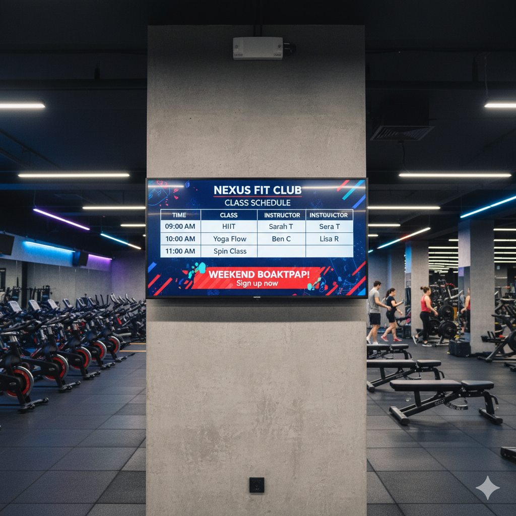 Horario de clases en pantalla de gimnasio