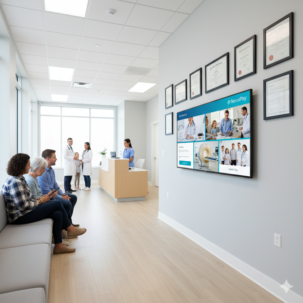 Pantalla en sala de espera de clínica