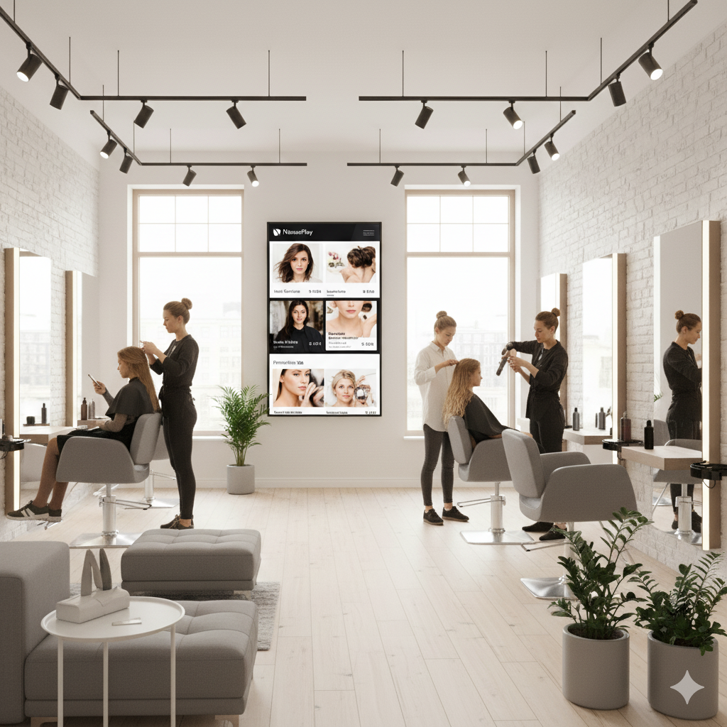 Pantalla en salón de belleza mostrando estilos