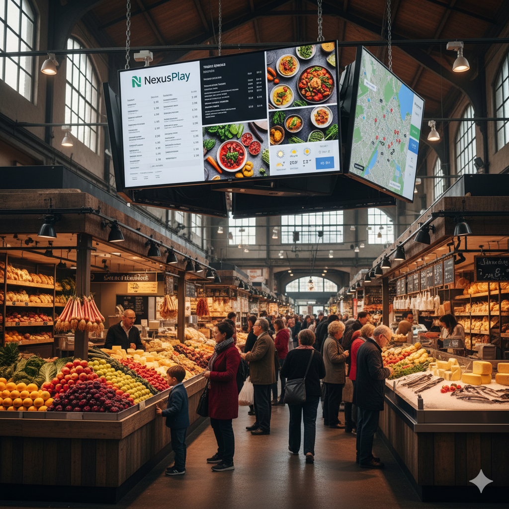 Pantallas en mercado de abastos
